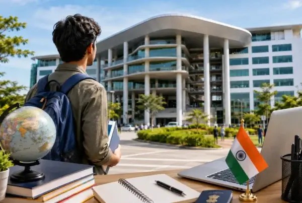 Student with a globe backpack views a modern university campus, beside a laptop, notebook, books, and Indian flag; hopeful study-abroad tone.