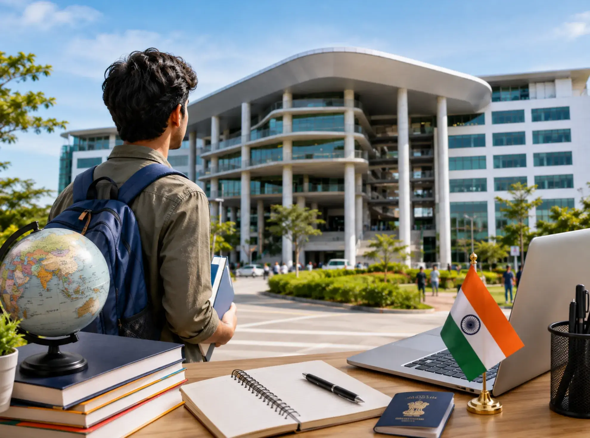 Student with a globe backpack views a modern university campus, beside a laptop, notebook, books, and Indian flag; hopeful study-abroad tone.