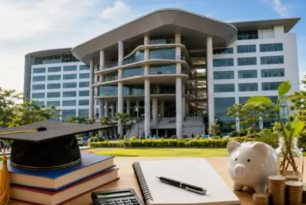 Modern university building under blue skies, with graduation cap, books, notebook, calculator, piggy bank and coins Asia Pacific University fees.