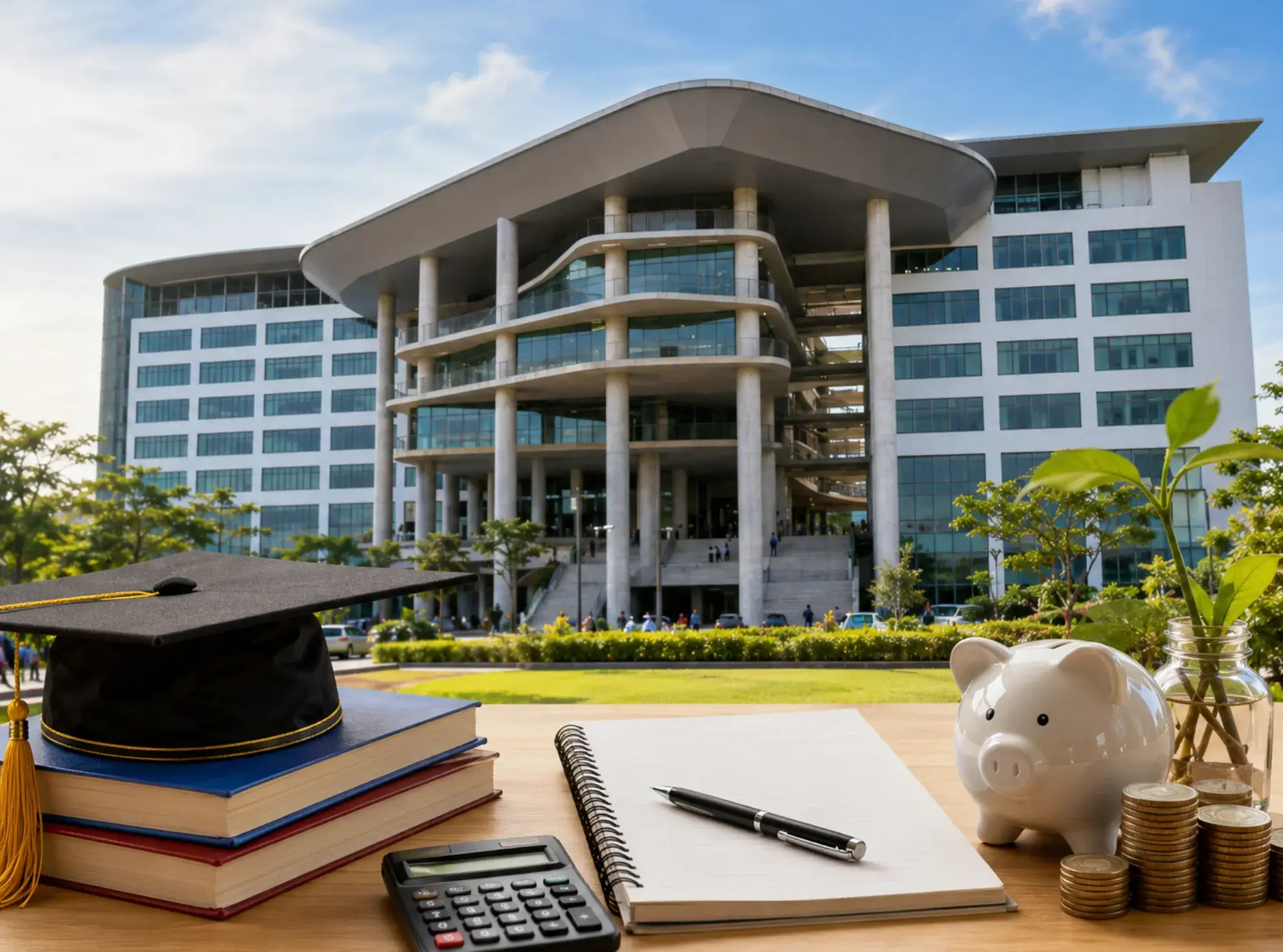 Modern university building under blue skies, with graduation cap, books, notebook, calculator, piggy bank and coins Asia Pacific University fees.