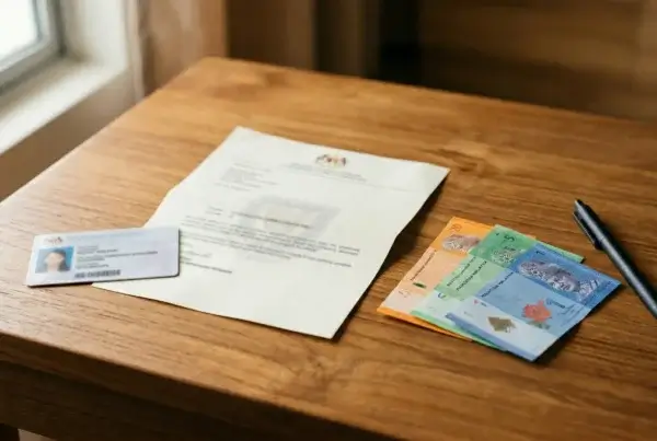 A wooden table displays a pen, a note, and a passport, representing the cost of studying in Malaysia.
