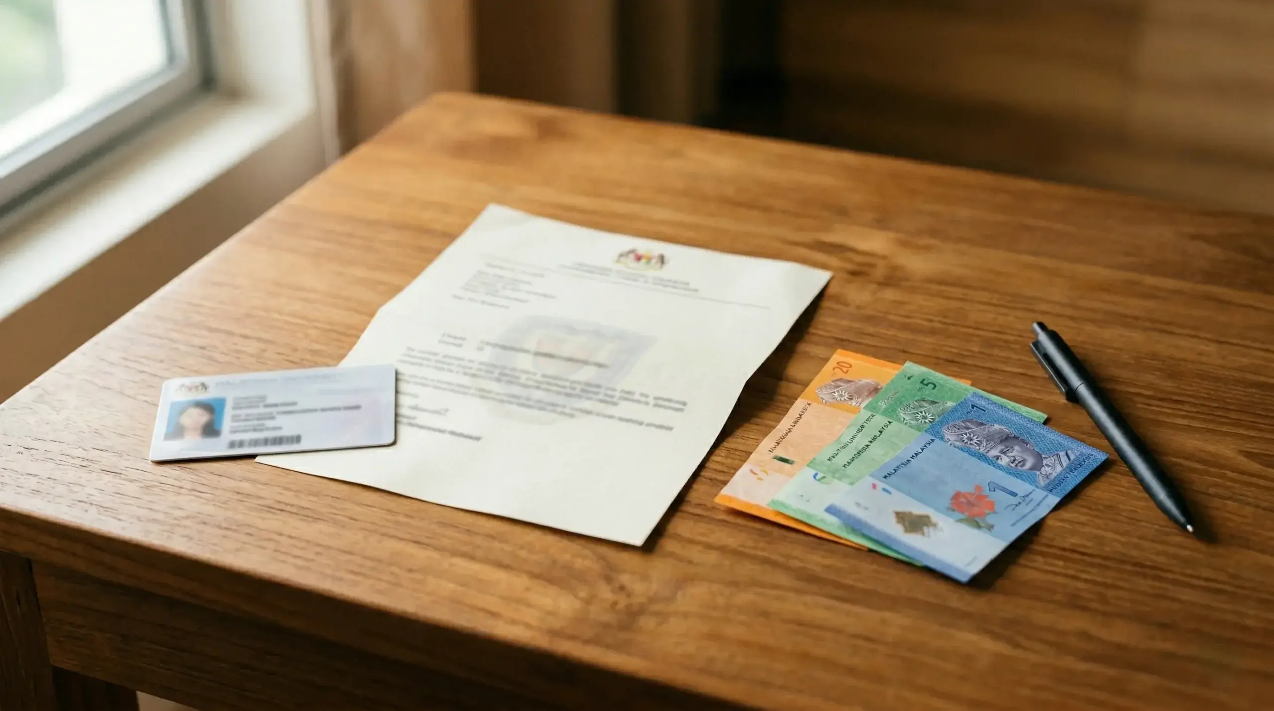 A wooden table displays a pen, a note, and a passport, representing the cost of studying in Malaysia.