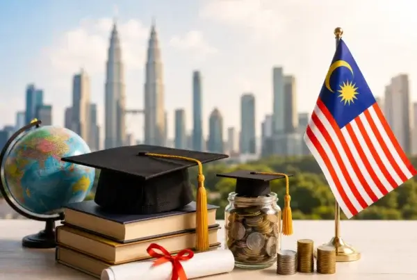 Graduation cap on a table with the Malaysian flag and a cityscape, symbolizing education and scholarship in Malaysia.