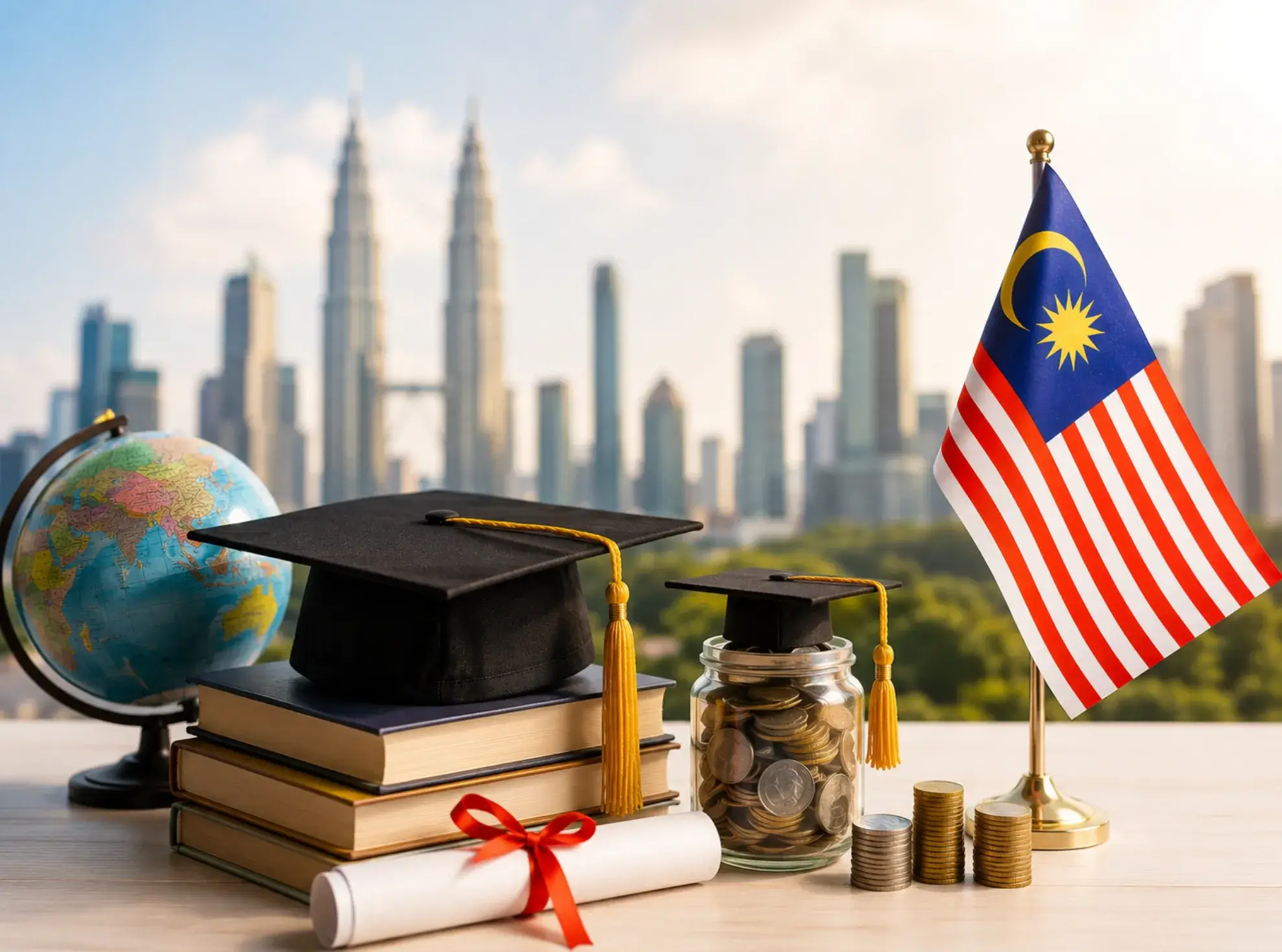 Graduation cap on a table with the Malaysian flag and a cityscape, symbolizing education and scholarship in Malaysia.