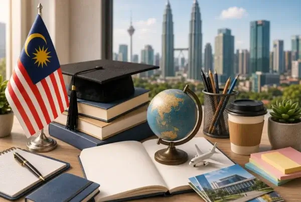 Malaysia education concept featuring a graduation cap and flag on a desk with a city view, promoting study in Malaysia after 12th.