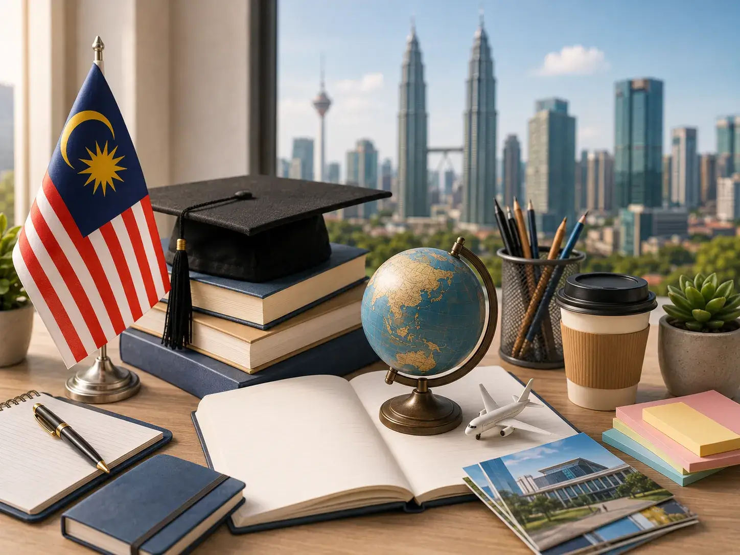Malaysia education concept featuring a graduation cap and flag on a desk with a city view, promoting study in Malaysia after 12th.