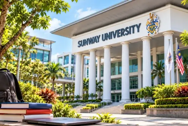 Exterior view of Sunway University, Philippines, displaying its architecture and students interacting on campus grounds.