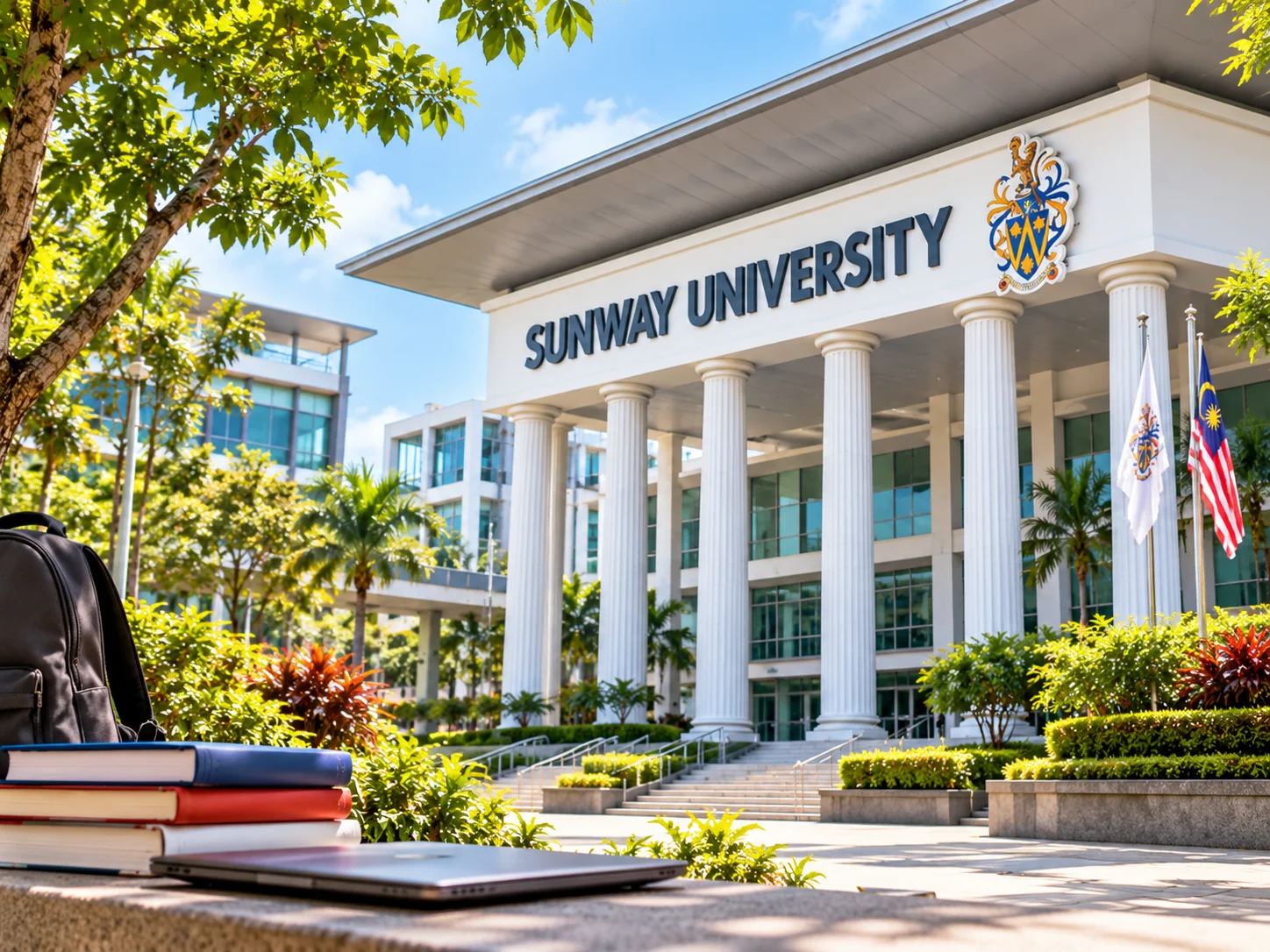 Exterior view of Sunway University, Philippines, displaying its architecture and students interacting on campus grounds.
