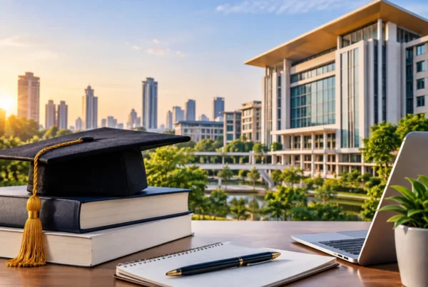 Graduation cap, laptop, and books on a table with a city skyline in the background, symbolizing academic success.