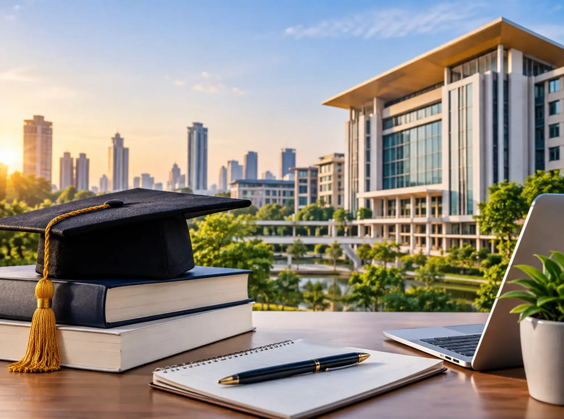 Graduation cap, laptop, and books on a table with a city skyline in the background, symbolizing academic success.