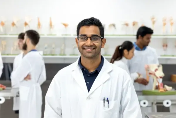 A person wearing a white lab coat and glasses stands smiling in a laboratory, with anatomical models and other people working in the background—an inspiring glimpse into the environment that awaits students pursuing an MBBS in Malaysia.